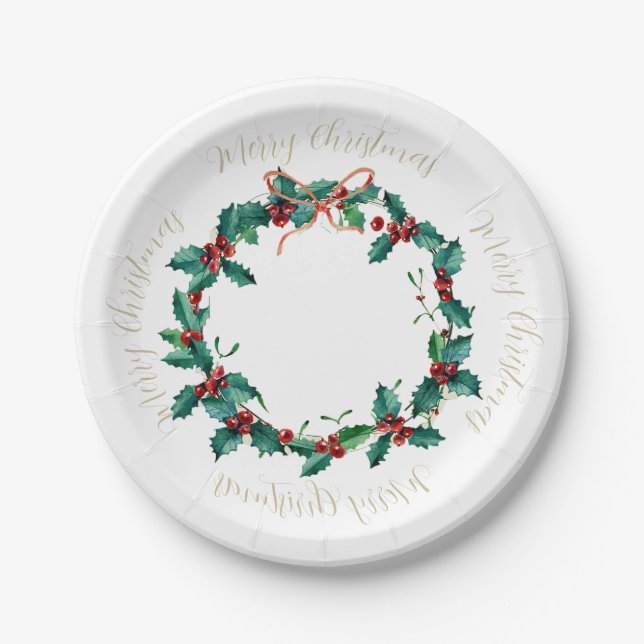Holly and Berries Christmas Wreath Paper Plate (Front)