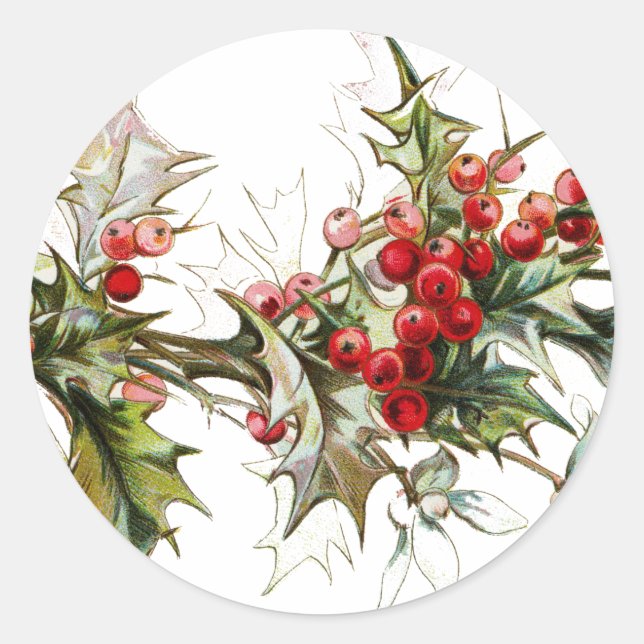Holly and berries classic round sticker (Front)
