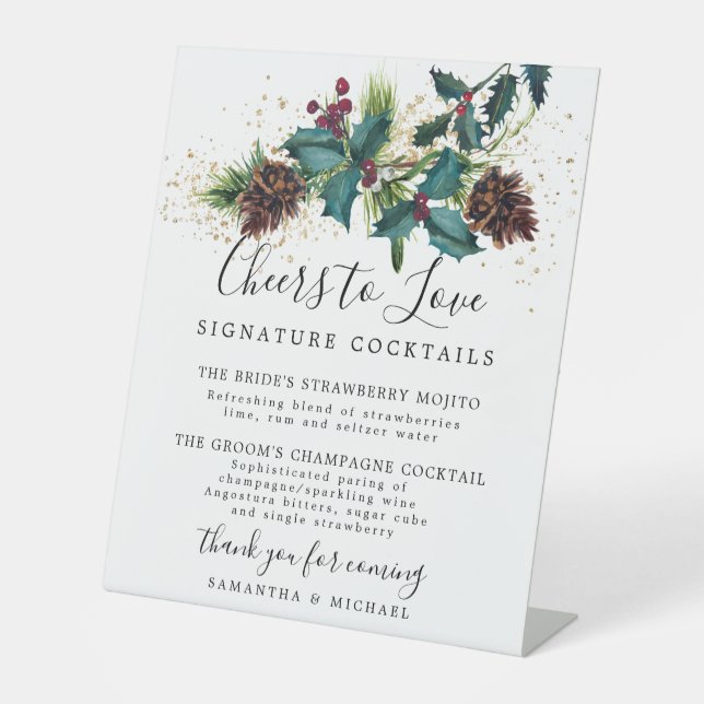 Holly and Berries Cocktails Wedding Bar Pedestal Sign (Front)