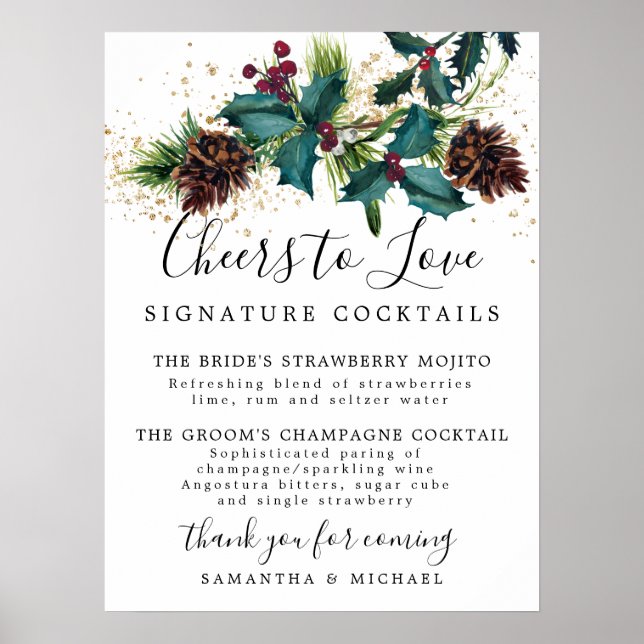 Holly and Berries Cocktails Wedding Bar Sign (Front)