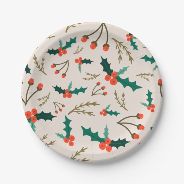 Holly and Berries Festive Holiday Paper Plate (Front)
