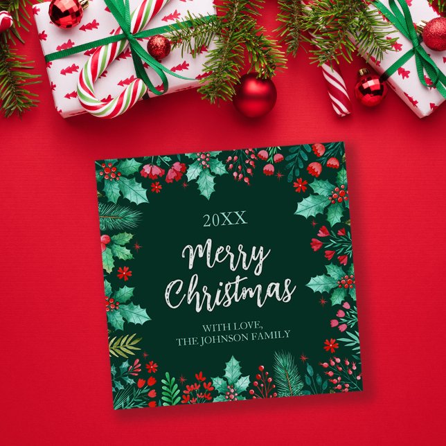 Holly and Berries Hand Painted Watercolor Holiday Card (Watercolor Botanicals with Christmas Holly + Pine Holiday Card)
