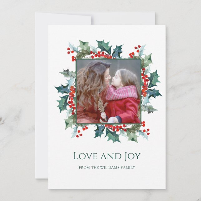Holly and Berries Holiday Photo Greeting Card (Front)