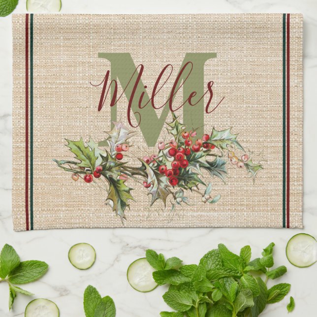Holly and berries linen look personalised tea towel (Folded)