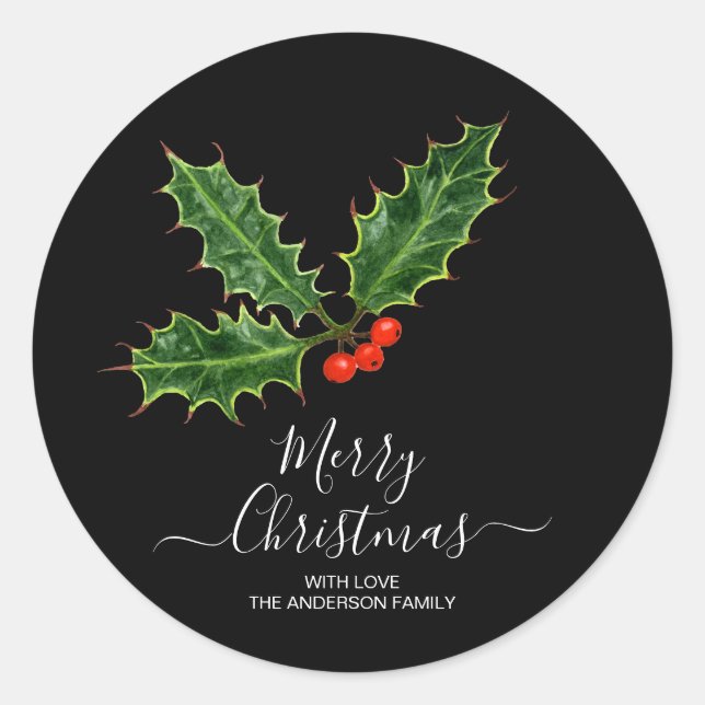 Holly and Berries Merry Christmas & Family Name Classic Round Sticker (Front)