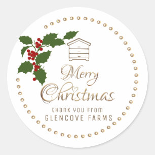 Holly and Berries Merry Christmas Gold Hive Apiary Classic Round Sticker