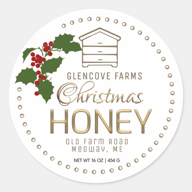 Holly and Berries Merry Christmas Gold Hive Honey Classic Round Sticker (Front)