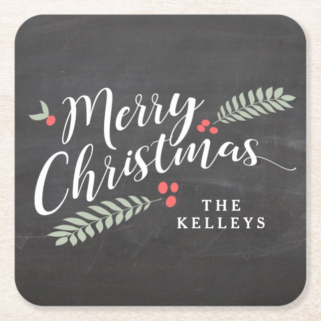 Holly and Berries Merry Christmas Personalised Square Paper Coaster (Front)