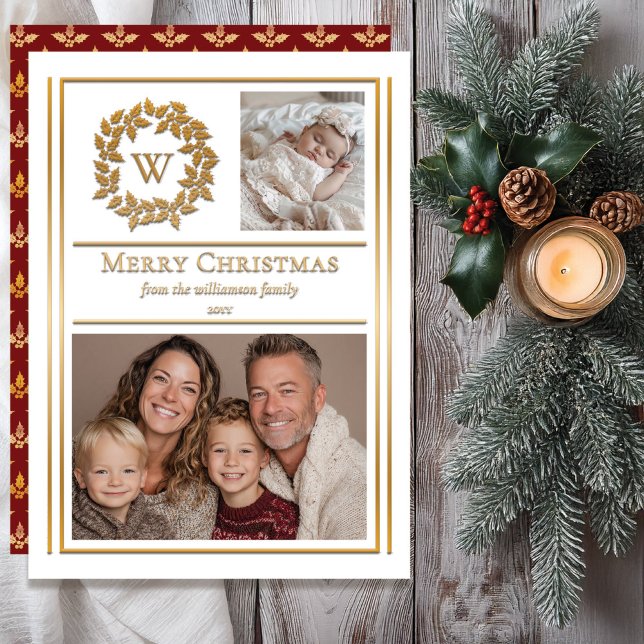 Holly and Berries Monogram Photo Christmas Holiday (Holly and Berries Monogram Photo Christmas Holiday Gold Foil Card with Faux Gold | Dark Red Back)