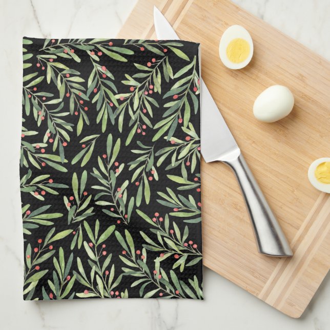 Holly and Berries on Black Holiday Christmas Tea Towel (Quarter Fold)
