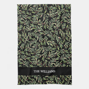 Holly and Berries on Black Holiday Christmas Tea Towel