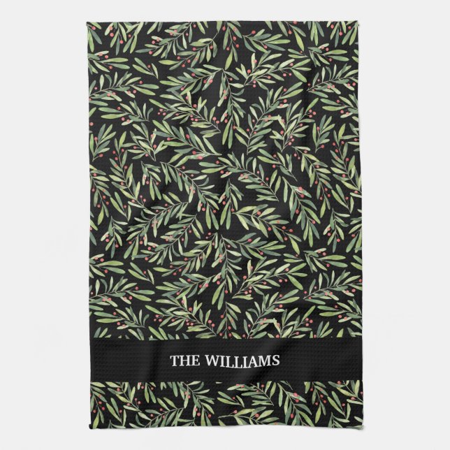 Holly and Berries on Black Holiday Christmas Tea Towel (Vertical)