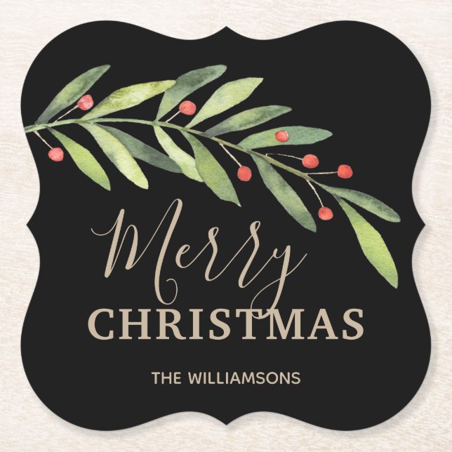 Holly and Berries on Black Merry Christmas Bracket Paper Coaster (Front)