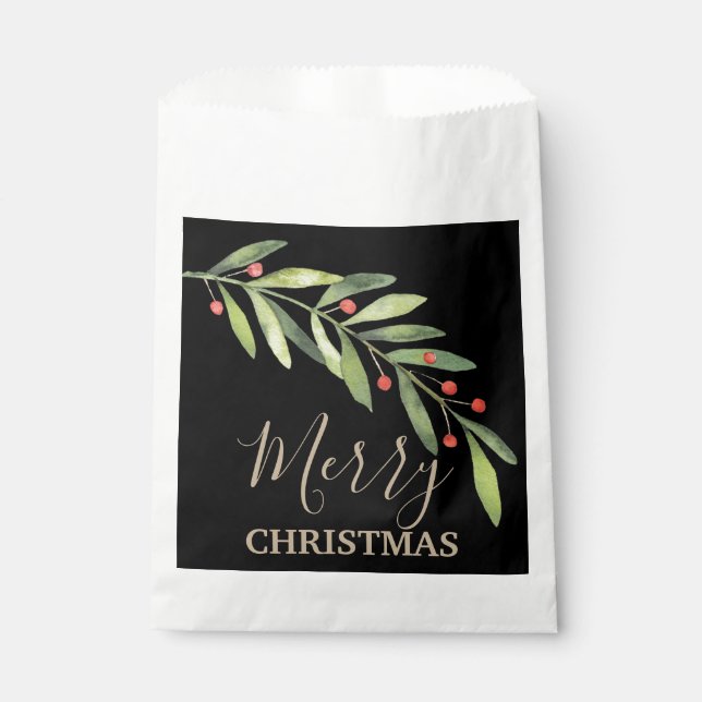 Holly and Berries on Black Merry Christmas Favour Bags (Front)