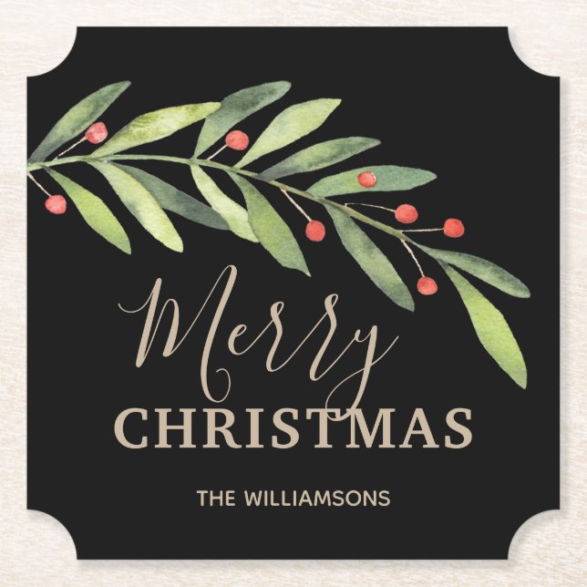 Holly and Berries on Black Merry Christmas Paper Coaster (Front)