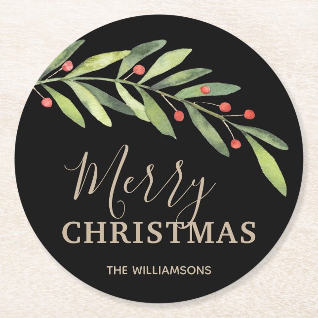 Holly and Berries on Black Merry Christmas Round Paper Coaster (Front)