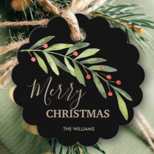 Holly and Berries on Black Merry Christmas Scallop Favour Tags