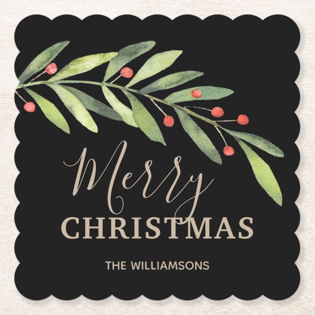 Holly and Berries on Black Merry Christmas Scallop Paper Coaster (Front)