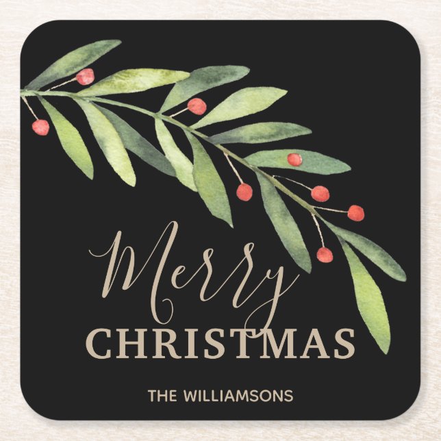 Holly and Berries on Black Merry Christmas Square Paper Coaster (Front)