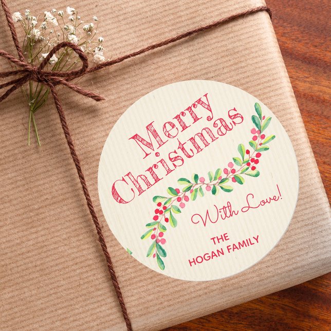 Holly and Berries on Ivory Christmas Holiday Classic Round Sticker (Creator Uploaded)