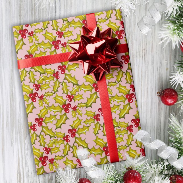 Holly and Berries on Pink Festive Whimsy Christmas Wrapping Paper (Creator Uploaded)