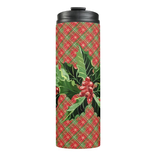Holly and Berries on Red Christmas Plaid Thermal Tumbler (Front)