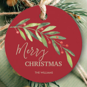 Holly and Berries on Red Merry Christmas Round Favour Tags