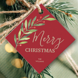 Holly and Berries on Red Merry Christmas Square Favour Tags