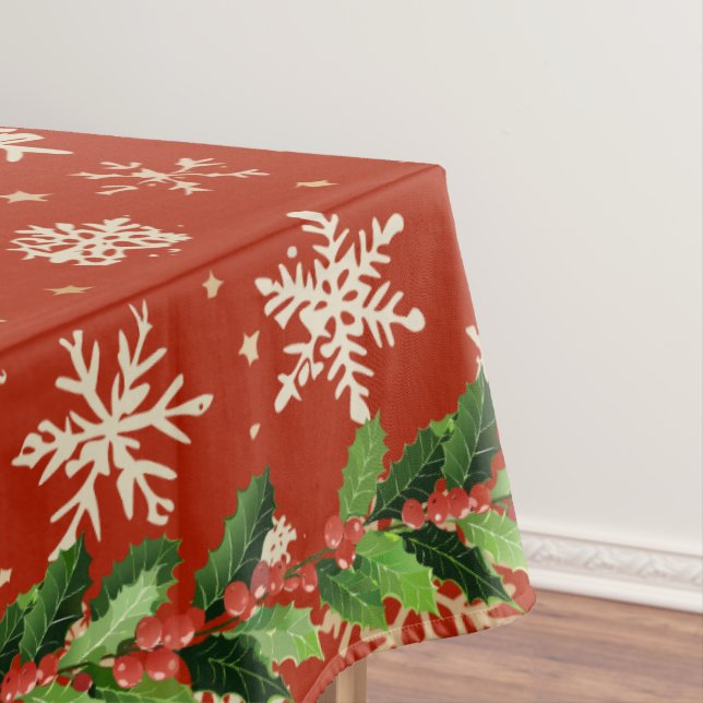 Holly and Berries on Red with Gold Snowflakes Tablecloth (In Situ)