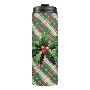 Holly and Berries on White N Green Christmas Plaid Thermal Tumbler