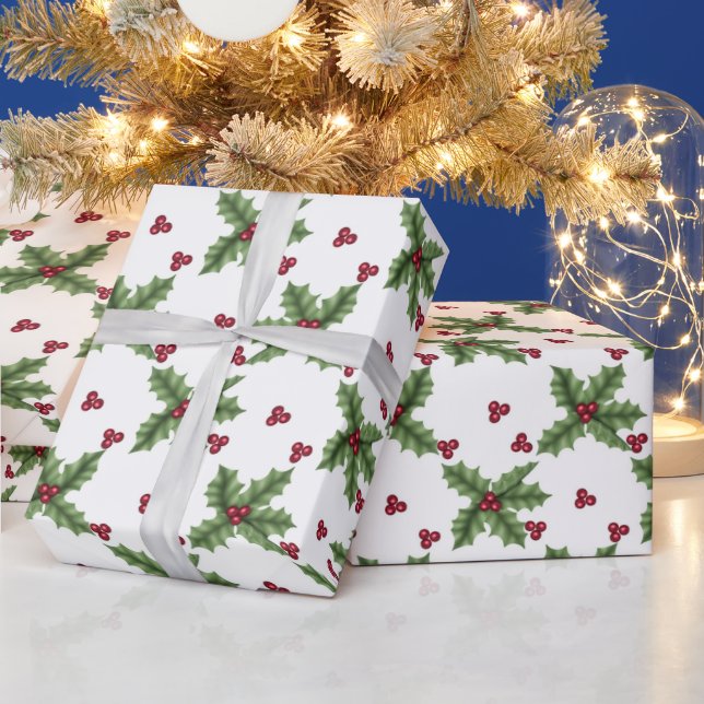 Holly and Berries On White Wrapping Paper (Holidays)