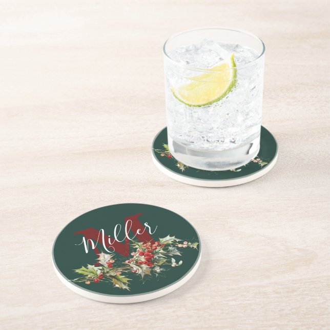 Holly and berries personalised  coaster (Side)