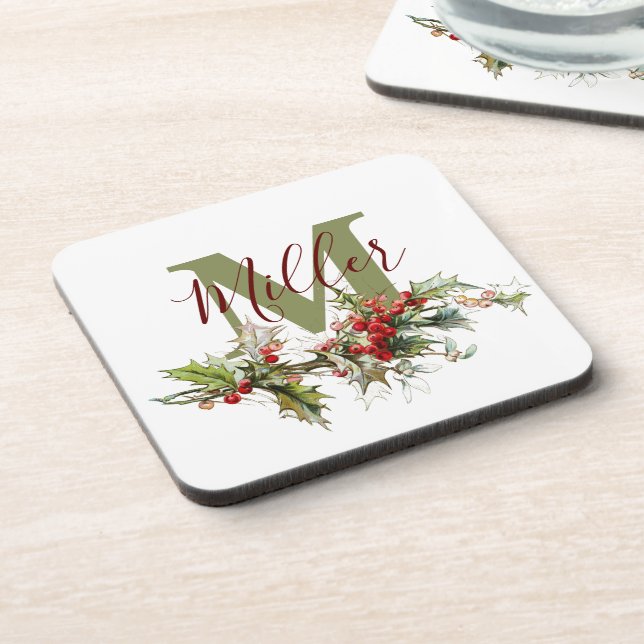 Holly and berries personalised  coaster (Left Side)