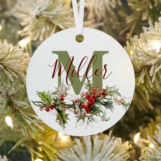 Holly and berries personalised  metal tree decoration (Insitu)