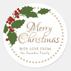 Holly and Berries Personalized Merry Christmas Classic Round Sticker