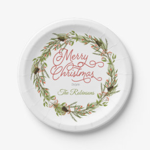 Holly and Berries Pine Merry Christmas Paper Plate