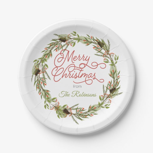 Holly and Berries Pine Merry Christmas Paper Plate (Front)