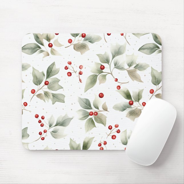 Holly and Berries Watercolor Style Mouse Mat (With Mouse)