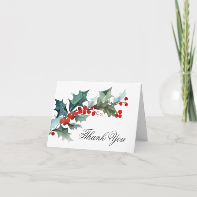 Holly and Berries Watercolor Thank You Card (Front)