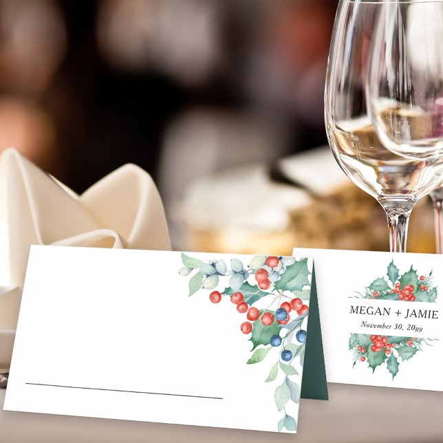 Holly and Berries Winter Wedding Place Card (Table place cards for winter wedding, christmas rehearsal dinner, festive wedding reception ..)