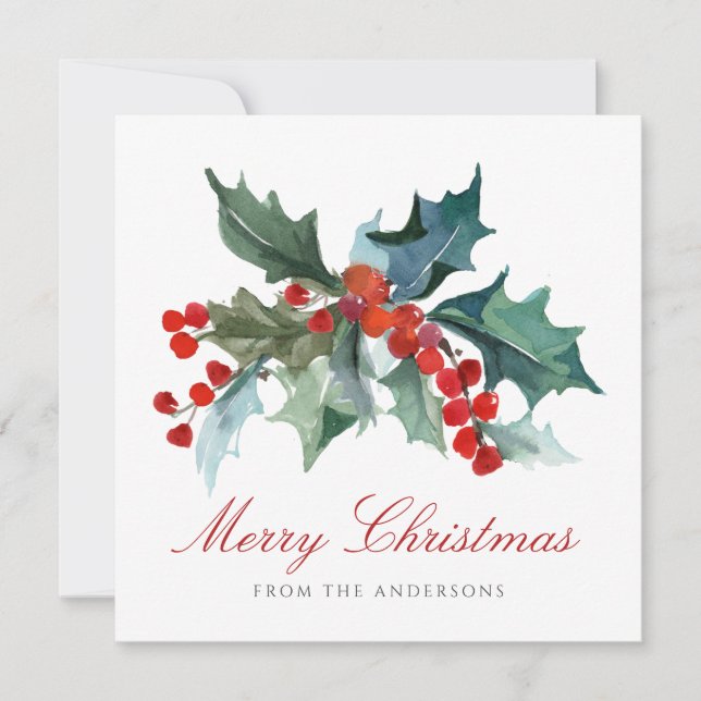 Holly and Berries with Family Name Christmas Holiday Card (Front)