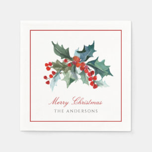 Holly and Berries with Family Name Christmas Napkin