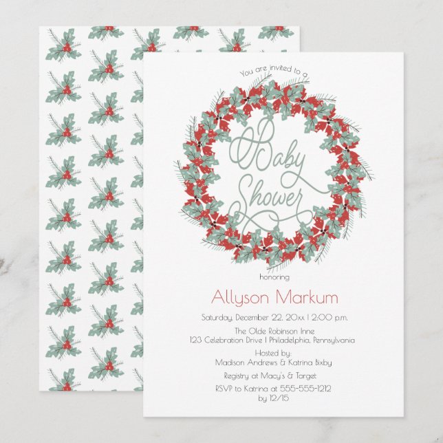 Holly and Berries Wreath Holiday Baby Shower Invitation (Front/Back)