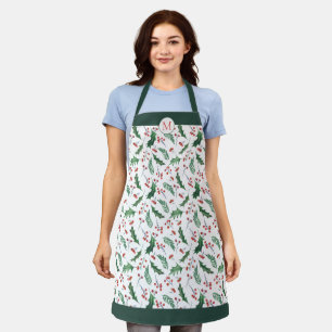 Holly and Berry Christmas Pattern Monogram Apron