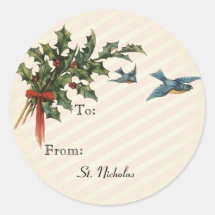 Holly and Birds Holiday Gift Label Stickers Cream