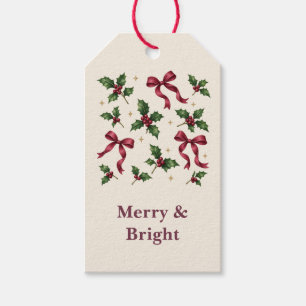 Holly and Burgundy Bows Merry and Bright Gift Tags