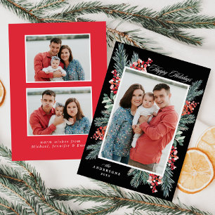 Holly and Evergreen Black Happy Holidays 3 Photo Holiday Card