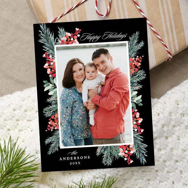 Holly and Evergreen Black Happy Holidays Photo Holiday Postcard (Creator Uploaded)