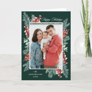 Holly and Evergreen Happy Holidays 2 Photo Holiday Card