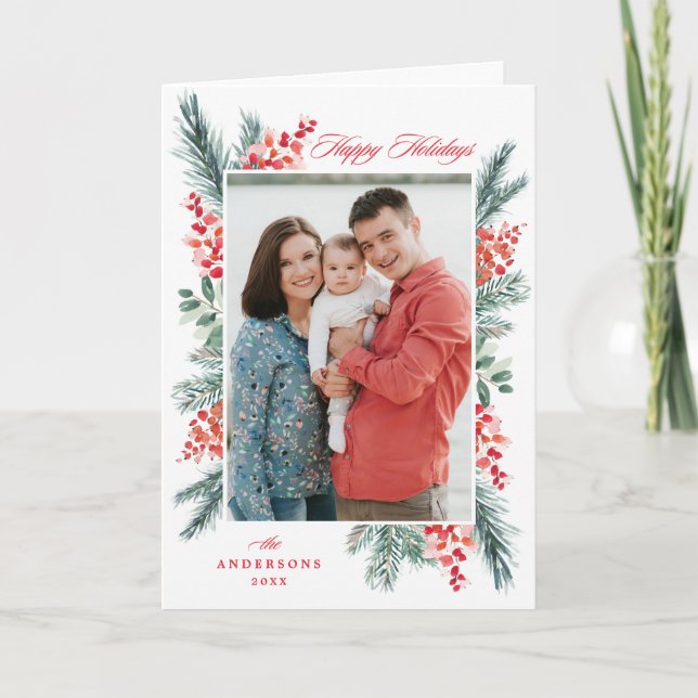 Holly and Evergreen Happy Holidays 2 Photo Holiday Card (Front)